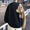 2021 Jesień Harajuku Mężczyźni Okrągły Bluza szyi Flocking Cartoon Bear Fleece Długie Rękawy Bluzy Unisex Para Dopasowanie Znosić