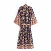 Casual vrouwen zachte katoenen v-hals jurk lente-herfst mode dames vintage elegante vrouwelijke gedrukte kimono 210515