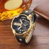 Luxury Cagarny Quartz Watch Men Black Leather Strap Golden Case Dual Times Military dz Relogio Masculino Casual Mens Watches Man X260y