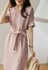 Summer Dress Elegant High Quality Fashion Concise Dreeses O-neck Pink Loose Waist Office Lace Up Soft Thin Female 210514