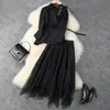 Women's Tracksuits European and American Clothing 2022 Winter Style Long - Sleeved Beaded Coat Gauze Pleated Skirt Fashion