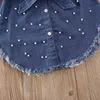 Pudcoco Najnowszy Moda Moddler Baby Girl Clothing Solid Color Bead z długim rękawem Sukienka Denim Pearl Bowknot Dress Q0716