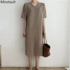 Verão coreano fino de malha reta camisola vestido mulheres manga curta v-pescoço solto cintura vestidos casuais vintage vestidos 210513