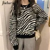 Jielur O-Neck Women's Sweater Loose Pullovers Ladies Soft Striped Zebra Chic Korean Knitted Sweaters Casual Tops Winter Harajuku 211018