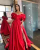 Gorgeous Long Satin Evening Dress Red For Bride Sleeves Off the Shoulder 2021 Party Sexy Prom Gowns With Side Slit 0509