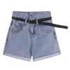 [EAM] Vrouwen wijde been zwart blauw onregelmatige denim shorts hoge taille losse pasvorm broek mode zomer 1DD6812 210512