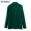 KPYTOMOA Kvinnor Mode Metall Knapp Velvet Green Blazer Coat Vintage Långärmad Flapfickor Kvinnlig Ytterkläder Chic Veste 220216