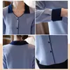 Koreanska kontoret damen skjortor höst mode lösa blå chiffon blus solid v-hals långärmad cardigan kvinnor toppar 11051 210417