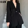 [EAM] Kadınlar Siyah Bandaj Havalandırma Dikiş Blazer Yaka Uzun Kollu Gevşek Fit Ceket Moda İlkbahar Sonbahar 1dB308 211122