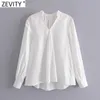 Zevity kvinnor mode v nacke solid färg avslappnad vit smock skjorta kontor dam tillbaka pleat blouse roupas chic femininas toppar ls7606 210603