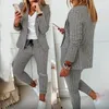 Automne femmes décontracté deux pièces vêtements de travail mode costume ensembles à manches longues Plaid imprimé Blazer manteau cordon pantalon ensemble 220315