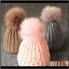 かわいい幼児ニットキャップの女の子かぎ針編みの子供たちのデザイナースパンコール毛皮のポンポムソリッド屋外滑りの幼児幼児8nhuj UQ2ay