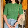 Korea chique zomer wilde ronde hals groen trui holle dunne puff sheeve trui top vrouwen 210529