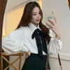 Luźny rękaw latarnia Biała bluzka Kobiety Koreański Casual Solid Office Lady Koszula Bow Bandaż Kawaii Cute Topy Kobiet Blusas 210519