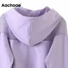 Aachoae Moda Donna Maglia Patchwork Ritagliata Felpe Manica Lunga Sport Viola Felpa Con Cappuccio Lettera Stampa Pullover Casual Top 210413