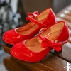 サンダルプリンセスシューズ女の子パーティー弓Shiny Solid Red Color High-heeled forfored for Kidsサイズ26-35