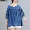 Dimanaf Lato Plus Size Kobiety Bluzka Koszula Ruffles Bawełna Denim Lady Tops Tunika Luźna Plisowana Casual Oversize Odzież 5XL 6XL 210719