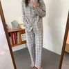 Kvinnor Vintage Plaid Fashion Spring Gentle Casual Högkvalitativ Koreansk Lös All Match Femme Pajamas Sets 210525