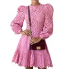 Hösten Senaste Kvinnor Elegant Solid O-Neck Full Puffy Sleeves Mini Dress Fashion Skinny Hollow Out Klänningar med Ruffles 210525
