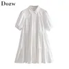 Casual White Mini Dress Kvinnor Lantern Kortärmad Kvinnlig Mode Pläterad Turn Down Collar Plus Size Ladies Es Robe 210515