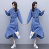 Femmes Longue Denim Robe Printemps Automne 2021 Nouvelle Mode Laçage Robes Bleues À Manches Longues Taille Ajustable Robe En Coton Lâche Femme X0521