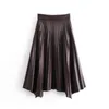 Spring PU Leather Pleated Skirts High Waist Solid Fashionable Asymmetry Midi Skirt 210430