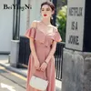 Off Shoulder Dress Women Solid Sexy Elegant Ruffles Slim Korean Zipper Leisure Fashion Charming Pink High Waist 210506