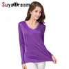 Suyadream 여성 T 셔츠 자연 실크 긴 소매 V 넥 솔리드 기본 셔츠 핑크 블루 퍼플 바닥 210406