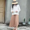 Johnature Women Elastic Waist Pleated Skirts Khaki Autumn Cotton Linen Women Casual Skirts 210521