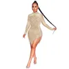 Robes décontractées Strass Perles Gland Sparkly Sheer Mesh Anniversaire Pour Femmes Sexy Night Club Wear À Manches Longues Bodycon Party Mini 236V