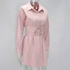 Abito camicia a maniche lunghe Asia con cintura a corsetto Abito casual Donna Vintage Sexy Rosa Abiti da festa di moda Mini Vestdos bianchi 210706