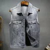 Gilet da uomo Gilet di jeans da uomo Vintage Biker senza maniche Giacca da cowboy Primavera Estate Grigio Monopetto Slim Fit Gilet casual Uomo M-3XL