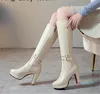 Buty Sexy Jesień Zima Długość Kolana Kobiety Okrągłe Toe Zip Metal Dekoracja Wysokie Obcasy Buty Długa Czarna Biała Beżowa