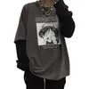 2020 Fashion Thin Fake Two-Piece Anime Long-Sleeved T Shirt Streetwear Kpop Couple Clothes Hip Hop One Piece Print Tops Male Y0322