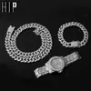 Hip Hop Full Iced Out Paved Rhinestones Miami Curb Cuban Chain Necklace +Watch+Bracelet Gold CZ Bling Rapper Jewelry For Men