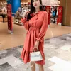 Women chiffon dress spring summer female elegant vintage long sleeve solid a-line es office lady casual 210423