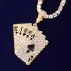 Naszyjnik w kształcie karty do pokera z łańcuchem tenisowym Urok Bling Cubic Cyrkon Męskie łańcuchy biżuterii Hip Hop Rock