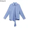 Tops para mujer Blusa Spring de manga larga de manga larga Niche suelto irregular azul blanco camisa a rayas coreano Blusa 210422