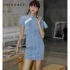 Vintage Denim Dress Women Hook Puff Sleeve High Neck Blue Bodycon Mini Ladies Jean Sommarkläder 210427