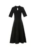 Vintage Hepburn Style Black Dress Knee Length Half Sleeve Basic Slim A Line Sashes Hollow out Dresses Spring Summer 210608