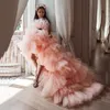 2021 Hoge Low Tiered Tule Flower Meisjes Jurk Meisje Pageant Jurken Lange Layered Blush Pink Ruffles Kids Birthday Jassen Vestidos met zwarte sjerpen