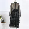 Abiti neri Plus Size Ruffles Manica lunga Vedere attraverso Abito da ballo sexy Evento per feste da sera Robe Drop 210527