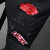2021 Lente Zwarte Trainingspakken Heren Rose Borduurwerk Gat Jeans Twee Stuks Sets Turn Down Collar Phoenix Flower Denim Vest + Ripped Broek