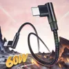 USB C Cable to USB-C 60W 3A Right Angle PD Fast Charger Type-C cord