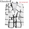 Glamaker Plaid Głębokie V Neck Sexy Blazer Kobiety Jesień Z Długim Rękawem Białe Biuro Panie Coat Elagent Fashion Jacket 211019