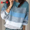 Womens Striped Sweater Casual Loose Multi-Color Top Women Long Sleeve Knitted Jumper Pullover 210428