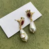 Błyszczące ruby ​​diamentowe kolczyki urok Kobiety Pearl wisiorek zbiesek z wytłaczane pieczęć Sapphire Studs z prezentem Box281L