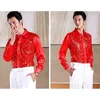 Red Sequin Glitter Shirt Men Long Sleeve Button Down Stage Prom Dress Shirts Mens Dance Host Chorus Shirt Male Chemise Homme 2XL 210522