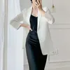 [EAM] Women White Temperament Blazer Lapel Three Quarter Sleeve Loose Fit Jacket Fashion Spring Summer 1DD7756 210512