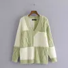 Za luźne patchwork dzianina sweter kobiety z długim rękawem V dekolt plus size zimowe sweter kobieta elegancka streetwear zielone swetry Top 210602